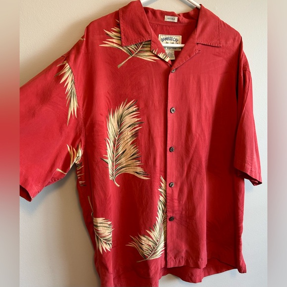 Bamboo Cay Shirt Mens Red Silk Hawaiian Bamboo Leaves Embroidered Relaxed Size L - Picture 2 of 6